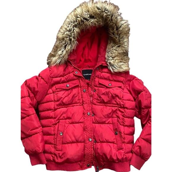 BEBE Red Hooded Puffer Jacket Coat Women L Faux Fur Short Rhinestone - Picture 1 of 16